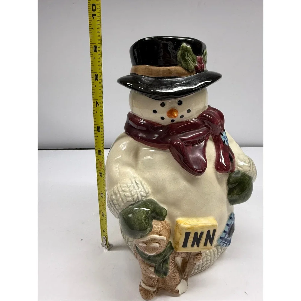Holiday Snowman Ceramic with Top Hat Scarf and Gingerbread Man INN Sign
